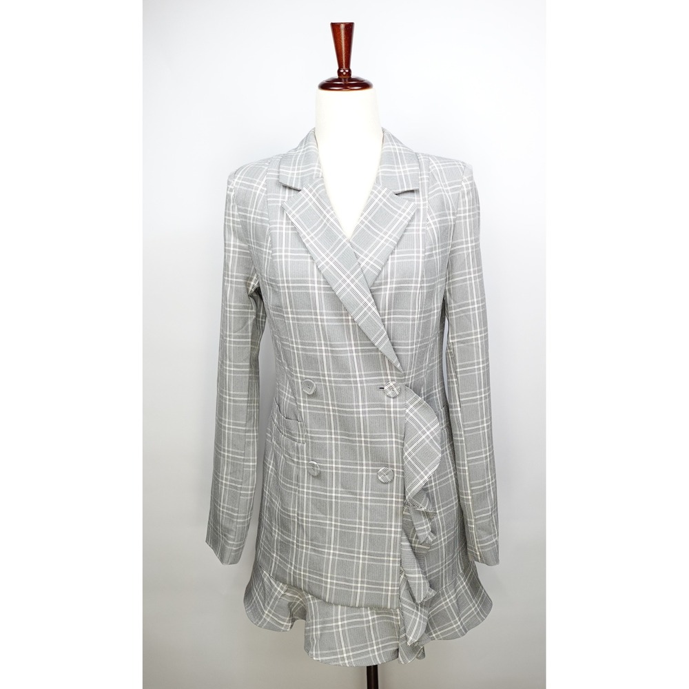 Forever 21 Plaid Double Breasted Blazer Dress Grey White Ruffle Hem Mini S